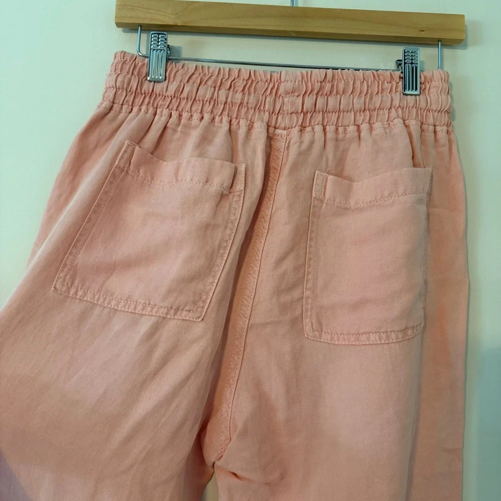 ZARA Linen Blend Smocked Waist Raw Hem Straight Leg Trousers Peach Womens Size M